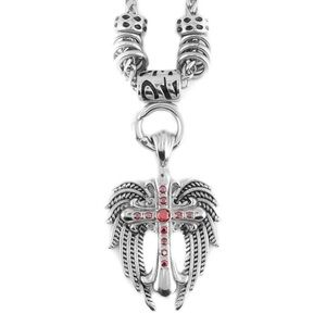 Ladies Angel Wing & Cross Red Bling Pendant Necklace Stainless Steel